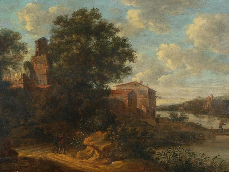 1630-Pieter Cosijn - Paesaggio fluviale in stile italiano con rovine e figure